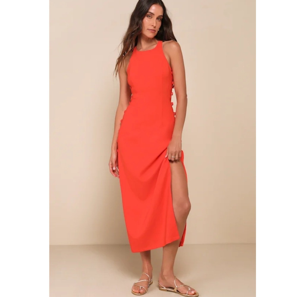NWT Lulus Masterfully Mod Bright Orange Side Button Midi Dress Size L